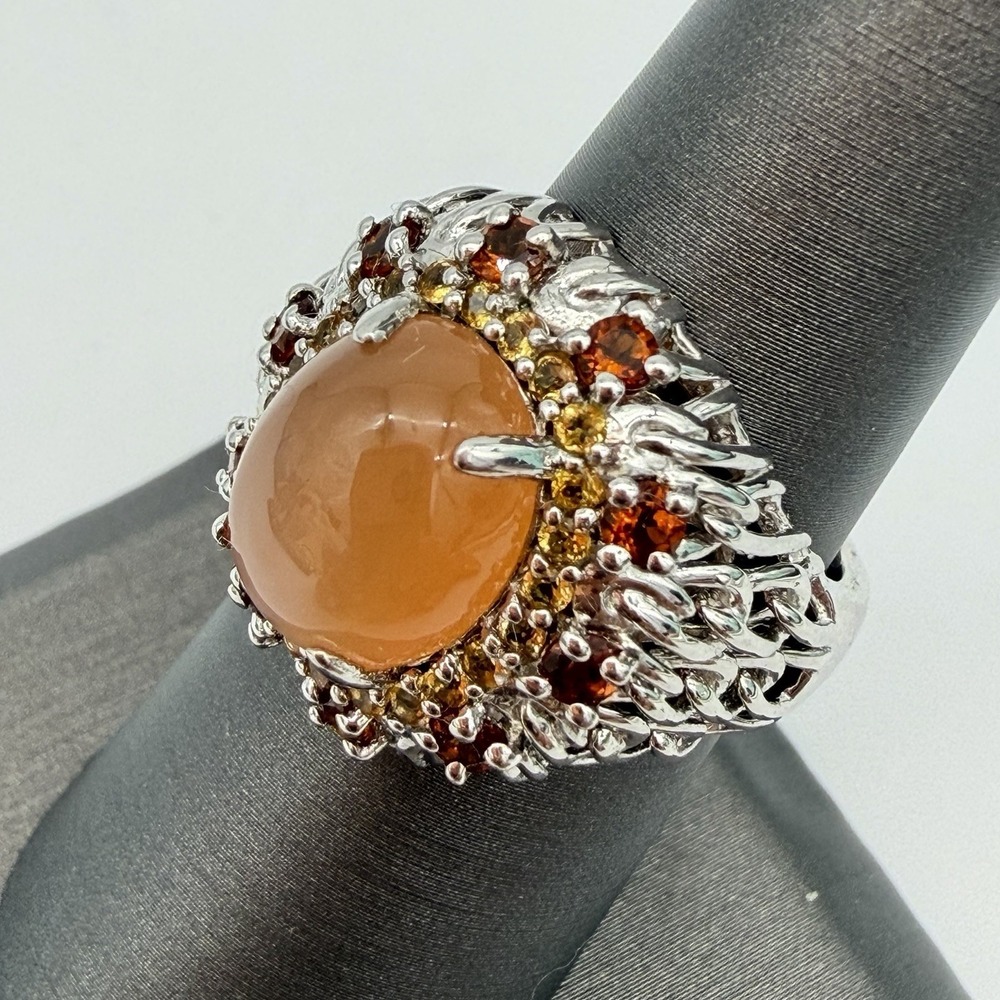 Vtg Lorenzo Sterling Silver Peach Moonstone Ring Garnet Citrine Sz 7 QVC